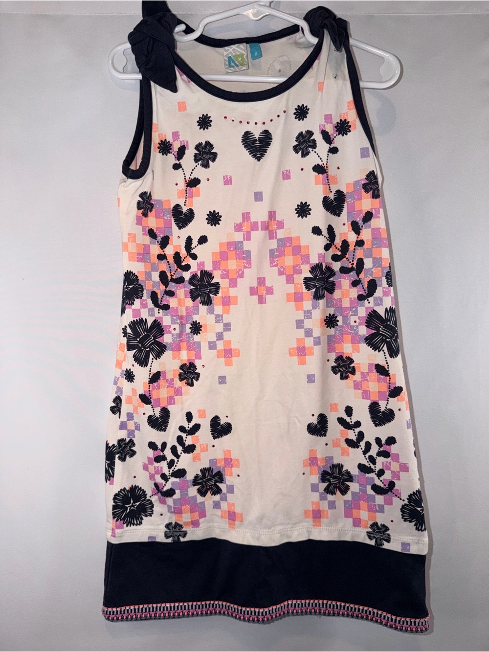 Sleeveless Floral Pixel Print Dress — Black Trim